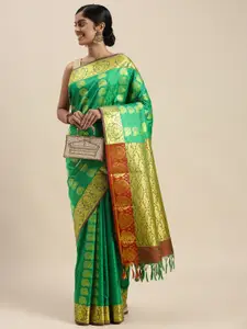 Thara Sarees Teal Green & Golden Ethnic Motifs Zari Art Silk Kanjeevaram Saree