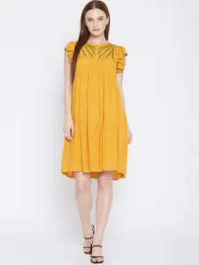 Ruhaans Women Mustard Yellow Embroidered A-Line Dress