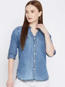 Ruhaans Women Blue Faded Opaque Faded Casual Shirt