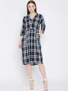 Ruhaans Women Navy Blue & White Checked Shirt Dress