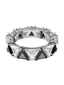 SWAROVSKI Black & White Rhodium Plated & Black Crystals Studded Ring