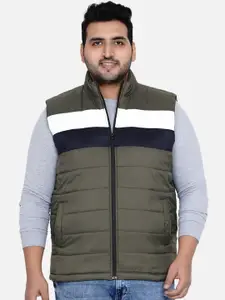 John Pride Plus Size Men Olive Green & White Colourblocked Quilted Jacket