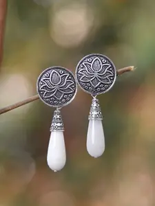 FIROZA Silver-Toned & White Circular Drop Earrings