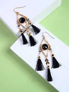 OOMPH Black & Gold Contemporary Tasseled Drop Earrings