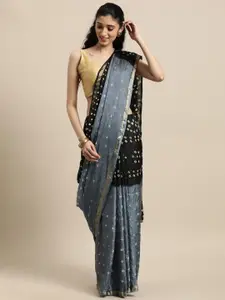 Geroo Jaipur Black & Grey Bandhani Art Silk Handcrafted Saree
