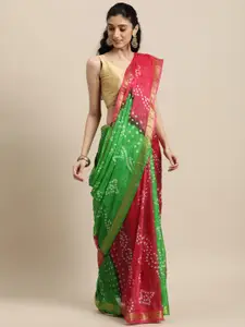 Geroo Jaipur Green & Red Bandhani Art Silk Handcrafted Saree