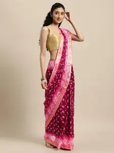 Geroo Jaipur Maroon & Pink Bandhani Art Silk Handcrafted Saree