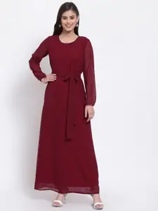 Just Wow Maroon Solid Georgette Maxi A-Line Dress With Tie-Ups