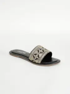 Vishudh Women Black & Silver-Toned Embellished Open Toe Flats