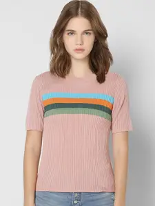 ONLY Women Pink & Blue Striped Slim Fit T-shirt