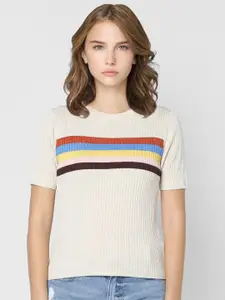 ONLY Women Beige & Yellow Striped Slim Fit T-shirt