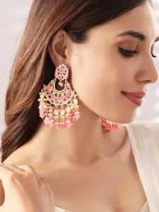 Rubans 22K Gold Plated Pink &Pearl Beads and Kundan Detailing  Handcrafted Big Chandbali