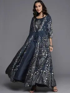 Biba Navy Blue & Silver-Toned Floral Layered Ethnic Maxi Dress