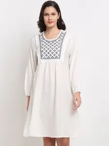 Miaz Lifestyle Women White & Blue Embroidered A-Line Dress