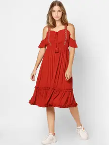 ONLY Red Gathered And Tiered Cold-Shoulder Midi Dress