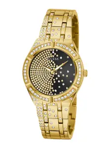 GUESS Women Black Printed Dial & Gold Toned Stainless Steel Bracelet Style Straps Analogue Watch