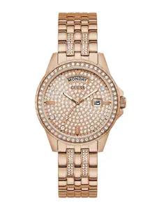 GUESS Women Rose Gold-Toned Embellished Stainless Steel Analogue Watch GW0254L3