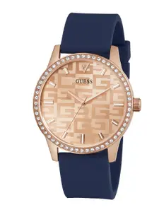 GUESS Women Rose Gold-Toned Embellished Dial & Blue Straps Analogue Watch GW0355L2