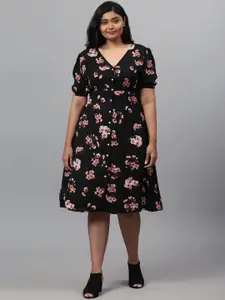 Instafab Plus Women Black & Peach Colored Floral V-neck A-Line Dress