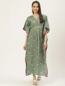 Maaesa Green & Pink Cotton Floral Printed Kaftan Maxi Dress
