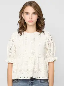 ONLY Off White Puff Sleeved Peplum Top