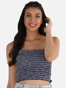 Trend Arrest Navy Blue & White Smocked Crepe Fitted Crop Top
