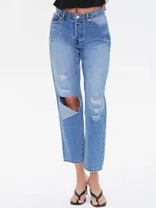 FOREVER 21 Women Blue Highly Distressed Boyfriend Cotton Jeans