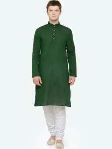 RG DESIGNERS Men Green & White Regular Handloom Kurta with Churidar