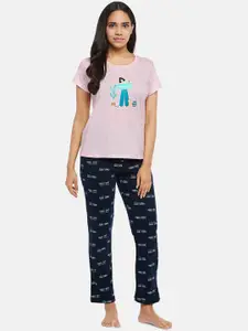 Dreamz by Pantaloons Women Pink & Navy Blue Printed Night suit