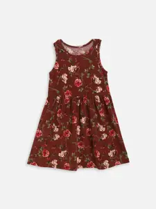 YK Girls Brown & Red Floral Dress