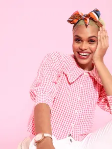 Marie Claire Women Pink Checked Above the keyboard collar Top