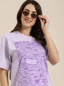 Difference of Opinion Women Lavender Printed Oversized T-shirt