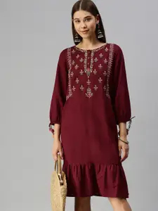 Global Desi Maroon Floral Embroidered A-Line Dress
