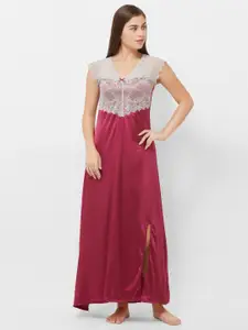 Soie Women Red Breathtaking Lace And Satin Maxi Nightdress