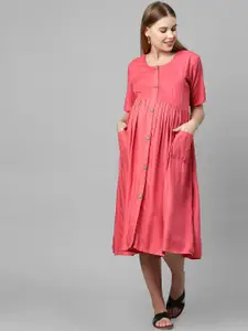 MomToBe Peach-Coloured Solid Maternity Nursing A-Line Midi Sustainable Dress