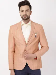 Blackberrys Men Peach Colored & Beige Checked Single Breasted Slim Fit Checked Blazer