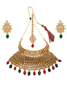 ANIKAS CREATION Women Red & Gold-Plated Bridal Kundan Necklace & Earrings With Maang Tikka