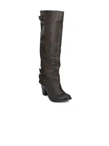 Delize Brown Leather Block Heeled Boots with Buckles