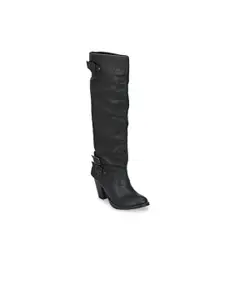 Delize Black Leather Block Heeled Boots with Buckles