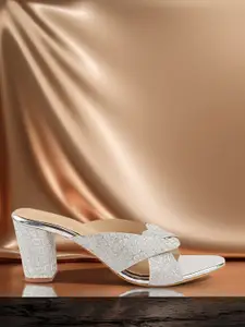 Shoetopia Silver-Toned Embellished Block Sandals