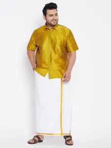 VASTRAMAY PLUS Men Mustard Yellow & White Shirt with Dhoti