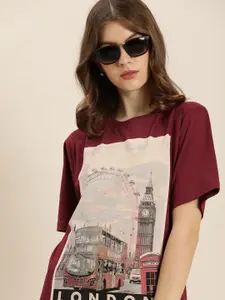 DILLINGER Women Maroon Graphic Printed Pure Cotton Oversized T-shirt