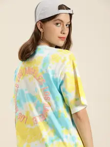 DILLINGER Women White  Yellow Tie and Dye Pure Cotton Oversized T-shirt
