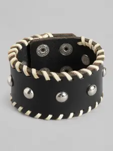 RICHEERA Women Black & Silver-Toned Leather Wraparound Bracelet