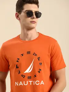 Nautica Men Orange Brand Logo Printed Pure Cotton T-shirt