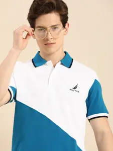 Nautica Men White & Teal Blue Colourblocked Polo Collar T-shirt