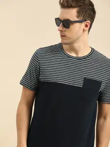 Nautica Men Navy Blue & White Semi Striped Pure Cotton T-shirt with Pocket Detail