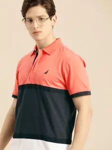 Nautica Men Charcoal Grey & Coral Orange Colourblocked Polo Collar Pure Cotton T-shirt