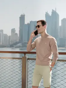 United Colors of Benetton Men Brown Mandarin Collar Pure Cotton T-shirt