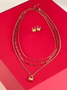 AMI Gold-Plated Contemporary 3 Layered Chain Necklace with Stud Earrings